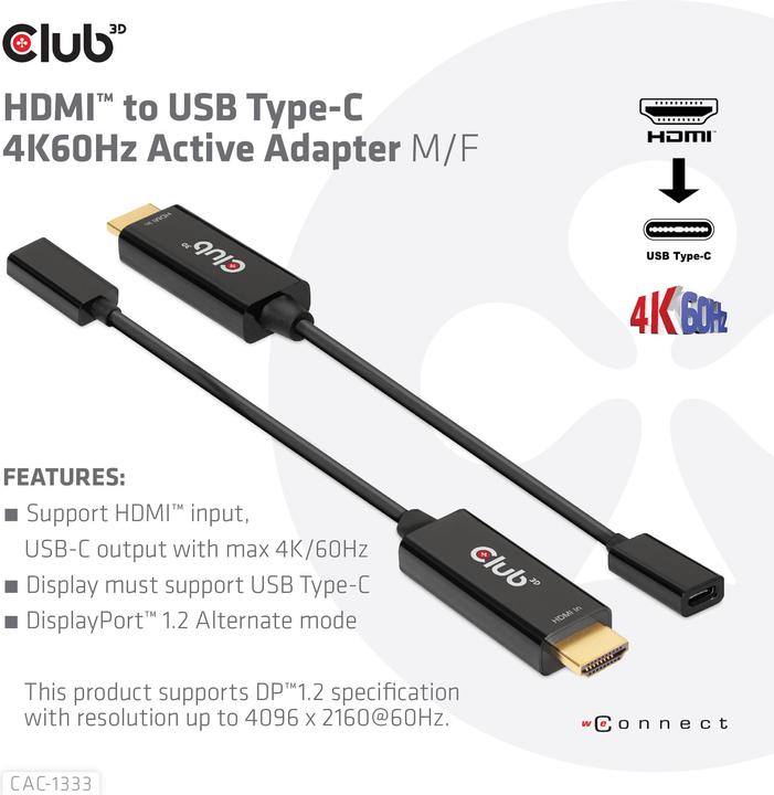 Actual product image Club 3D HDMI (Typ A) — USB C (HDMI, USB-C, 22 cm)
