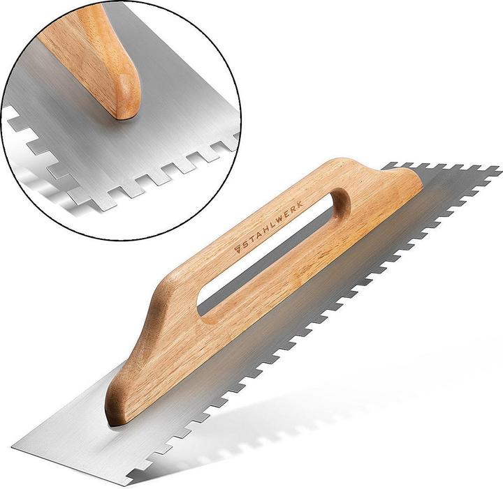 Actual product image Stahlwerk Two-handed smoothing trowel 140 x 500 mm with 10 mm rectangular teeth (50 cm)