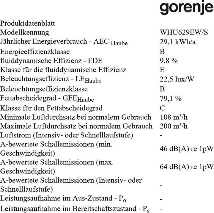 Nährwerte und Zutaten Gorenje WHU 629 EW/S (Unterbauhaube)