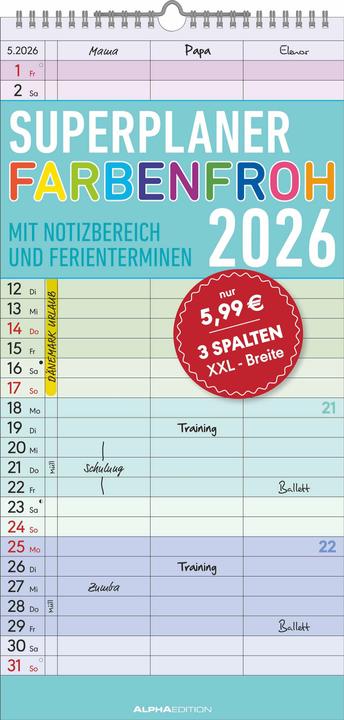 Produktbild Alpha Edition Superplaner Farbenfroh 2026 - Familien-Timer 22x45 cm - mit Ferienterminen - 3 Spalten - Wand-P (22 x 45 cm)