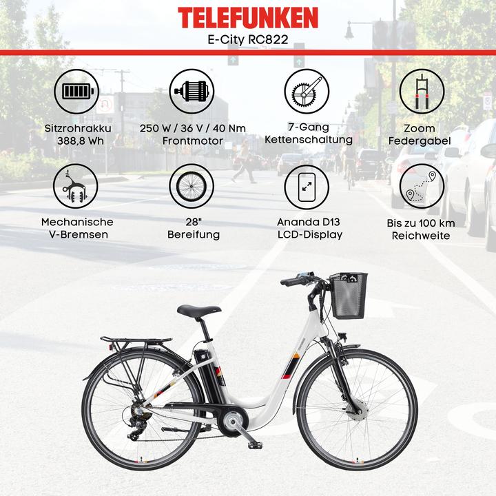 Actual product image Telefunken Multitalent RC822, City E-Bike, Motor power 250 W, Wheel size 28 ", Warranty 24 month(s), White (48 cm)