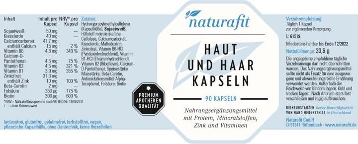 Nährwerte und Zutaten Naturafit Haut und Haar Kapseln, 90 St. Kapseln (90 Stück, Kapseln)