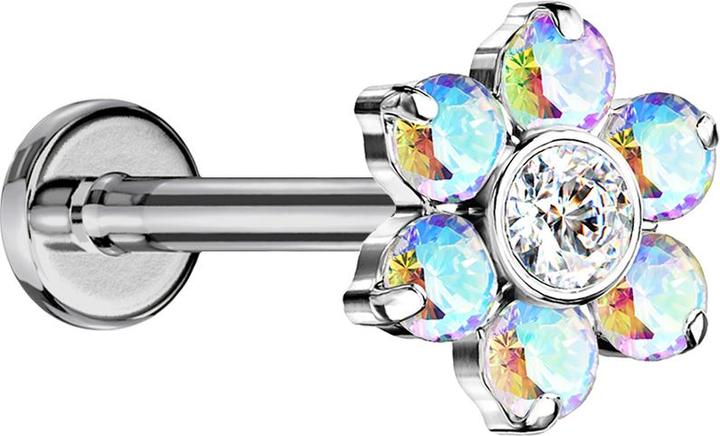Immagine prodotto Star Piercing Labret Micro Threadless argento fiori cristalli multicolore (senza ottone, Titanio)