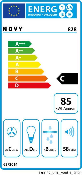 Energie-Label NOVY Hood Essence 828 Canopy, Energy efficiency class B, Plotis 60 cm, 398 m³/h, Mechanical control (Flachschirmhaube)
