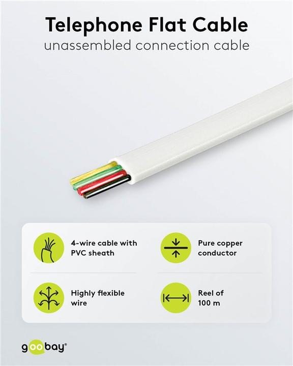 Produktbild Goobay Telefonflachkabel 100 m Rolle,AWG 28,CCA (kupferkaschiertes Aluminium), Weiss