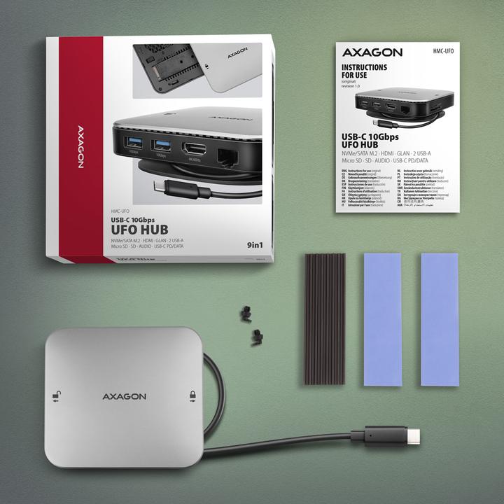 Produktbild Axagon HMC-UFO USB-C Hub, M.2 SATA/NVMe, 1 Gbit/s Ethernet, 384 kHz Audio - schwarz/silber (USB-C, 1 Port)
