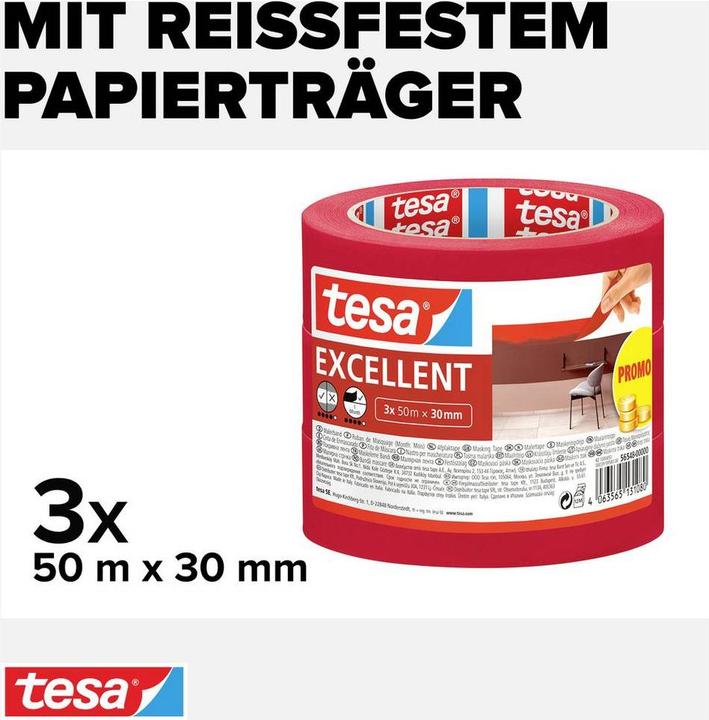 Produktbild tesa 3x Malerkrepp EXCELLENT zum Abkleben bei Malerarbeiten (30 mm)