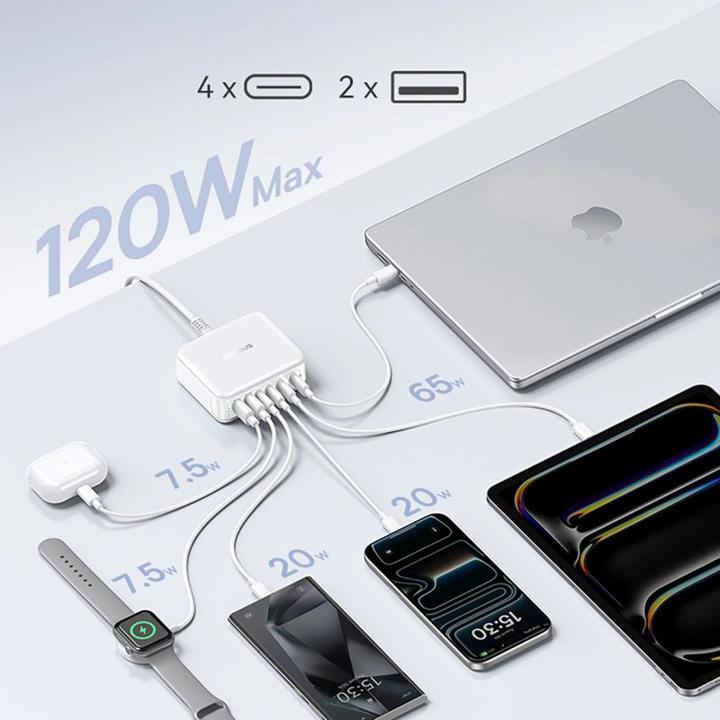 Produktbild Baseus Stacja ładująca EnerFill FH21 120W 4xUSB-C + 2xUSB-A - biała (120 W, 6 Ports)