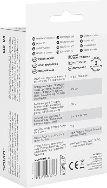 Produktbild Savio MB-04 Maus Universal Beidhändig Bluetooth IR LED 1600 DPI (Kabellos)