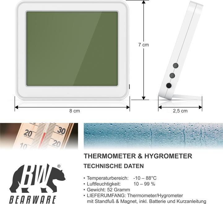 Immagine prodotto Bearware Thermometer & Hygrometer, Temperatur, Luftfeuchtigkeit & Uhrzeit, Innenwetterstation, Magnethalter