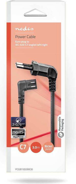 Actual product image Nedis Power cable | Euro Male | IEC-320-C7 | Angled | Left angled | Nickel-plated | 3.00 (3 m)