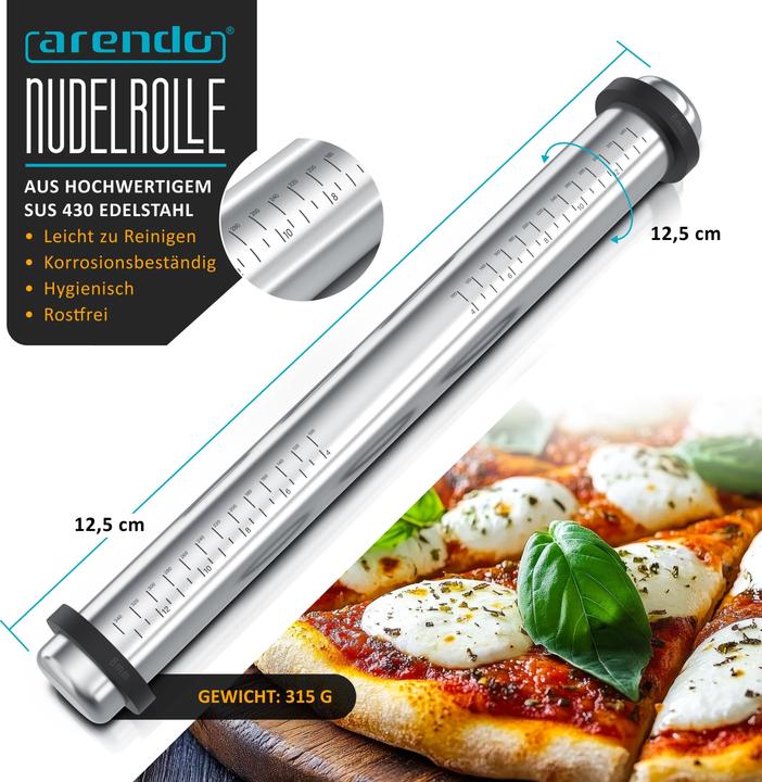 Produktbild Arendo Nudelholz / Nudelrolle Edelstahl, Silikonringen, aufgedruckte Skala, Korrosionsbeständig, hygienisch