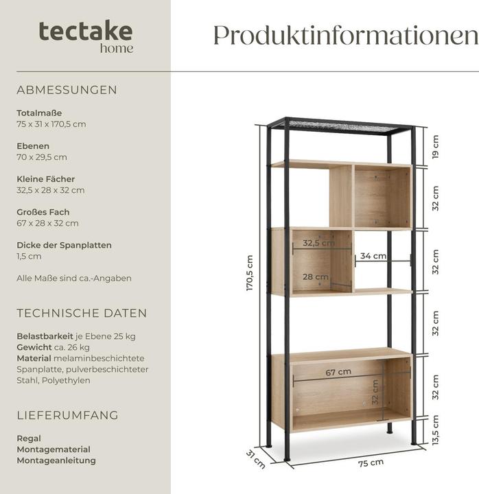 Produktbild tectake Regal Hastings 75x31x170,5cm (75 x 31 x 170.5 cm)