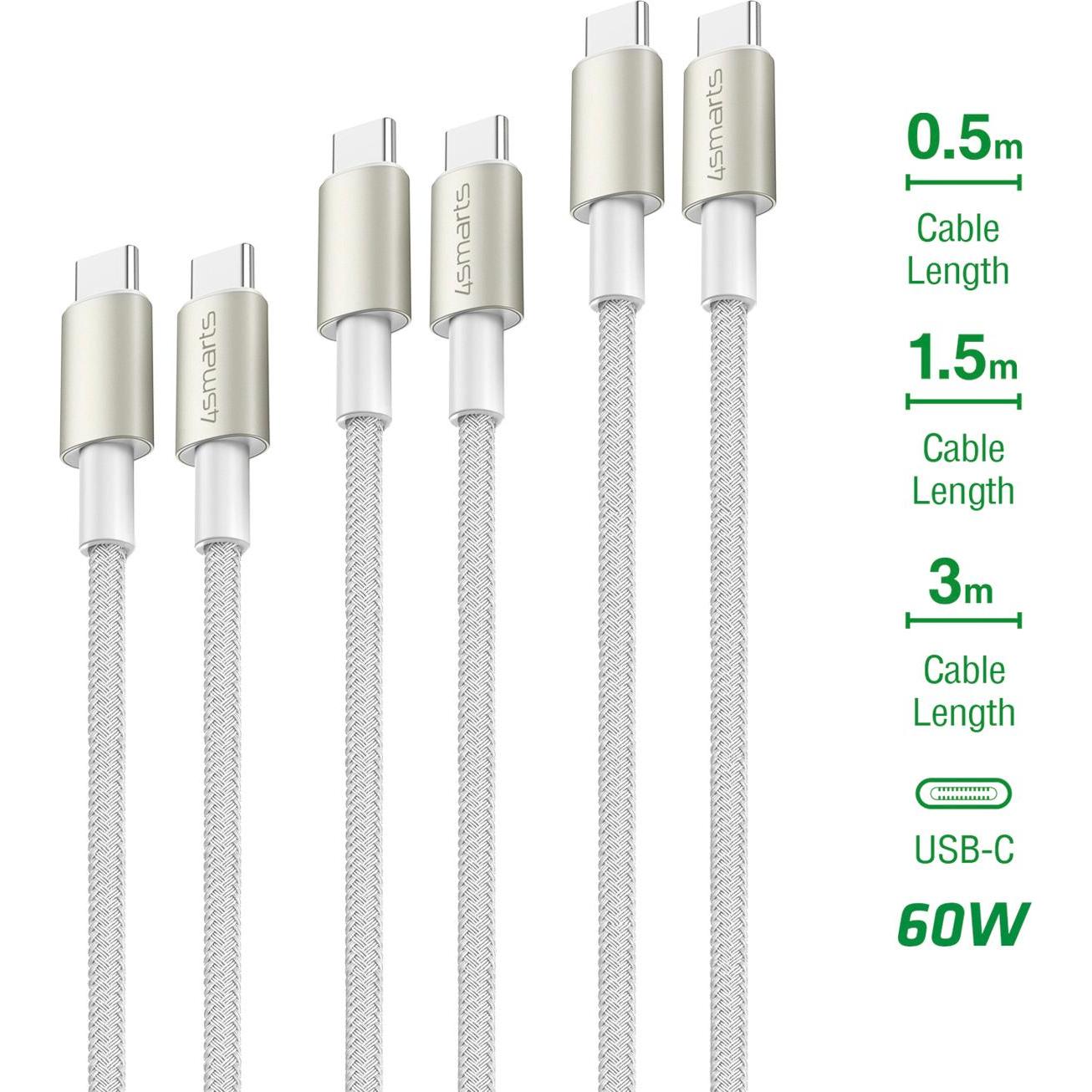 Thumbnail - 4smarts USB-C auf USB-C Kabel PremiumCord 60W 3er Set 0,5m+1,5m+3m weiss / silber (3 m, USB 2.0), USB Kabel