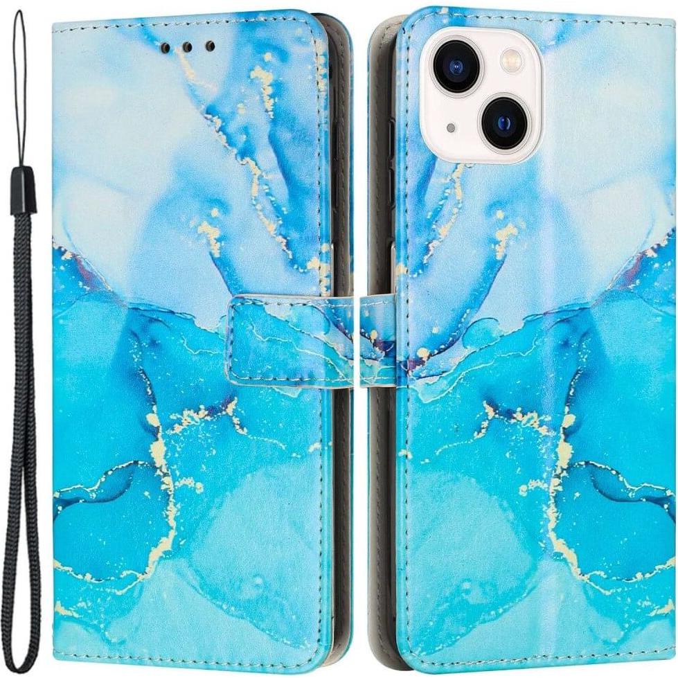 Cover-Discount iPhone 14 - Leder Hülle blue Marble (Apple iPhone 14), Smartphone Hülle, Blau