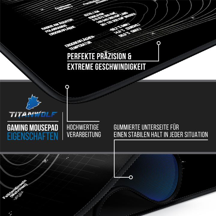 Produktbild Titanwolf Gaming Mauspad, XXXL Speed Mausmatte 1200 x 600 mm, Geschwindigkeit & Präzision, Weltkarte deutsch (L)