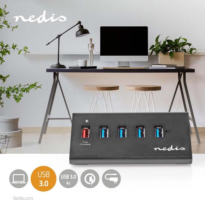 Produktbild Nedis UHUBUP3510BK. Hostschnittstelle: USB 3.2 Gen 1 (3.1 Gen 1) Micro-B, Hub-Schnittstellen: USB 3.2 Gen (USB-C, 5 Ports)