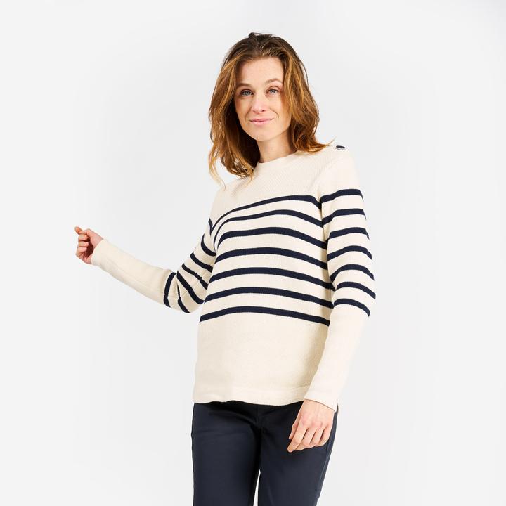 Immagine prodotto Tribord Pullover da donna in maglia navy, 100, beige a righe blu navy (M)