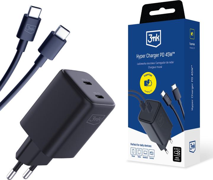 Productafbeelding 3MK Hyper Oplader PD 45W ład. sieć. tsaarna/zwart + 2x USB-C kabels (45 W)
