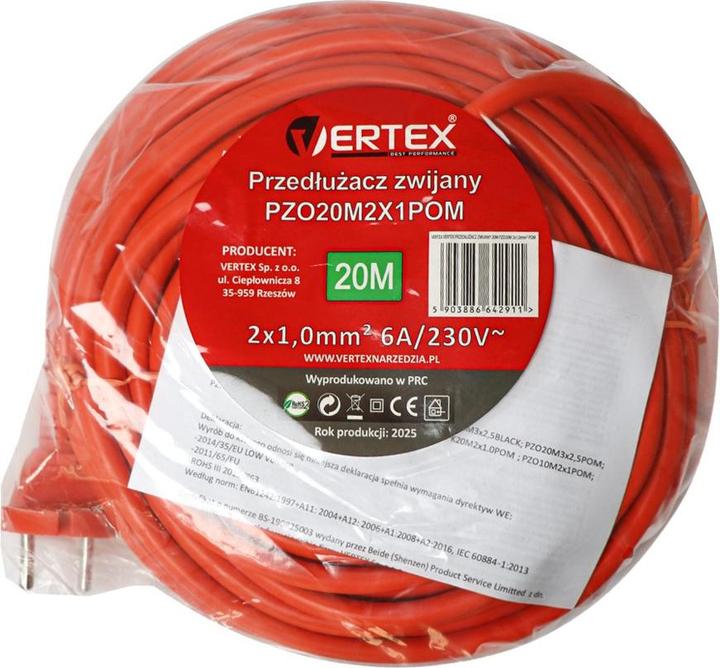 Actual product image Vertex Przedłużacz zwijany 20m PZO20M2x1 0mm (20 m, CEE 7/4)