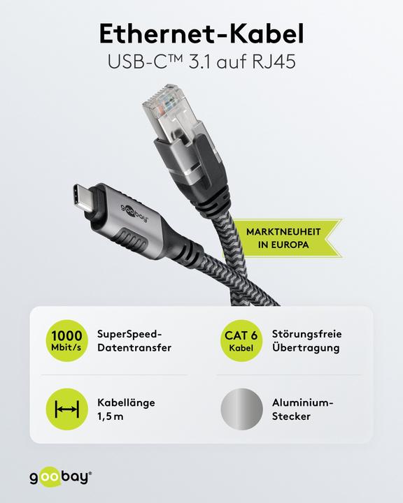 Produktbild Goobay Ethernet-Kabel USB-C auf RJ45, 1,5 m (USB-C, RJ45 (1x))