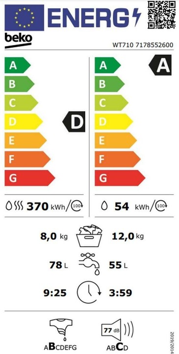 Energie-Label Beko Waschtrockner WT710, W12kg/T8kg, SteamCure, 1'400U/min