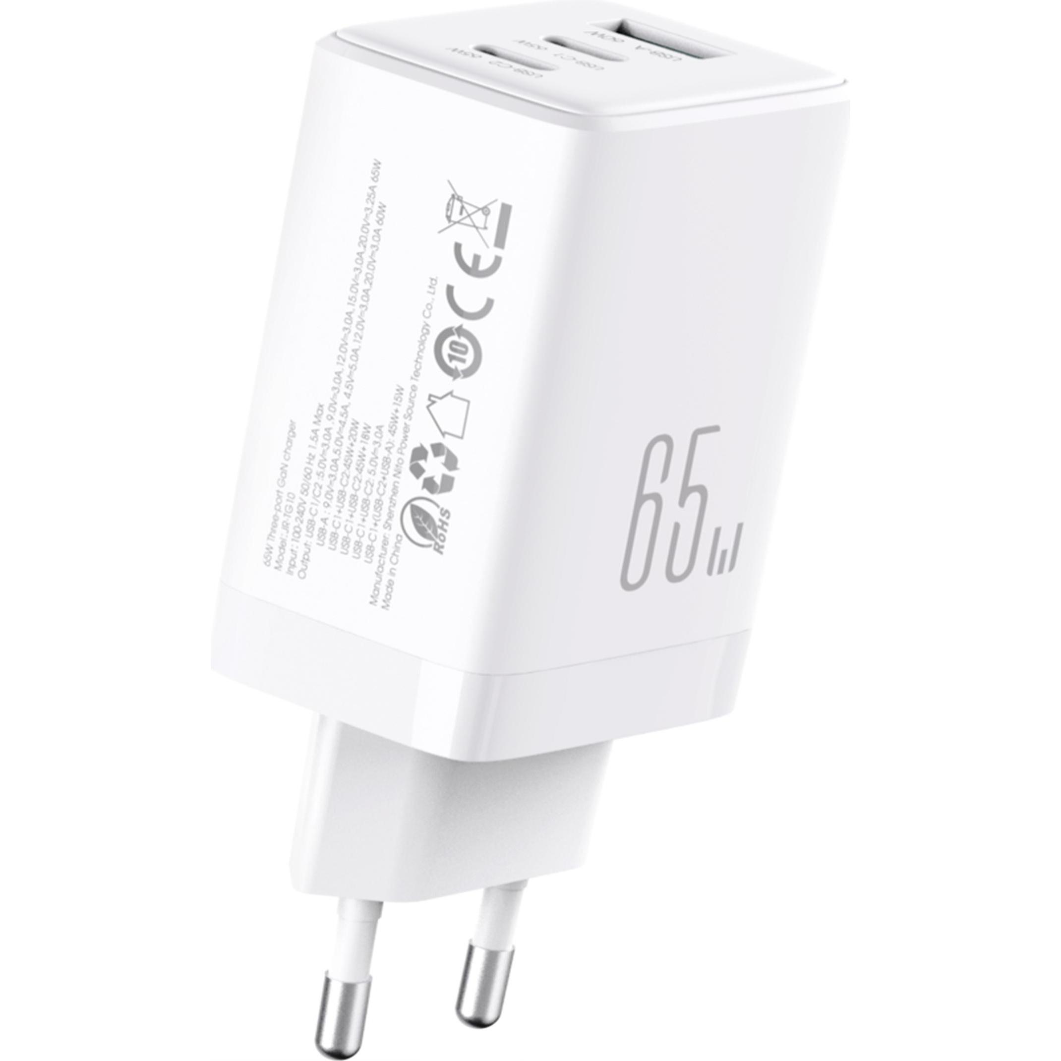 Joyroom JR-TG10 65W GaN Charger - White (EU) + A14 C to C 100W 1.2m - White (65 W, 3 porte), Caricatore USB, Bianco
