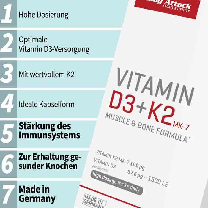 Nutritional values and ingredients Body Attack Vitamin D3 + K2 (30 Piece, Capsules, 16.30 g)