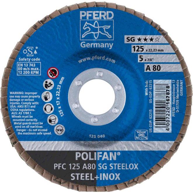 Thumbnail - Pferd, Schleifmittel, Fächerscheibe POLIFAN A SG STEELOX Ø 125 mm Körnung A-80 konisch INOX Normalkorund (80)