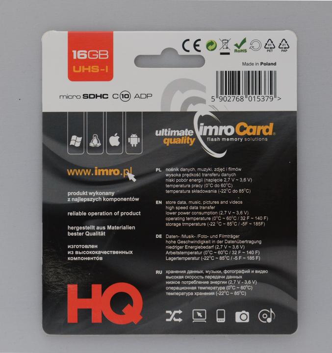 Produktbild IMRO 10/16G UHS-I ADP Speicherkarte MicroSDHC Klasse 10 (16 GB, microSDHC, U1, UHS-I)
