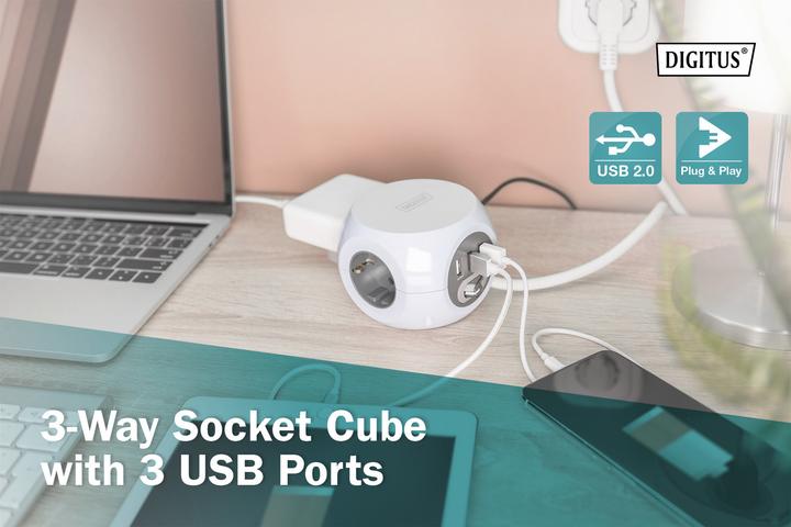 Image du produit Digitus Bloc multiprise cube à 3 prises avec 3 ports USB (3 x, CEE 7/4, 1.40 m)