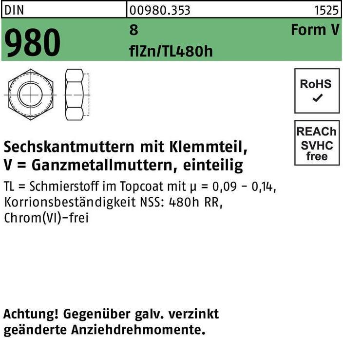 Produktbild Sechskantmutter DIN 980 m.Klemmteil VM 12 8 zinklamellenbes. Gleitm. flZnnc 480h-L (M12)