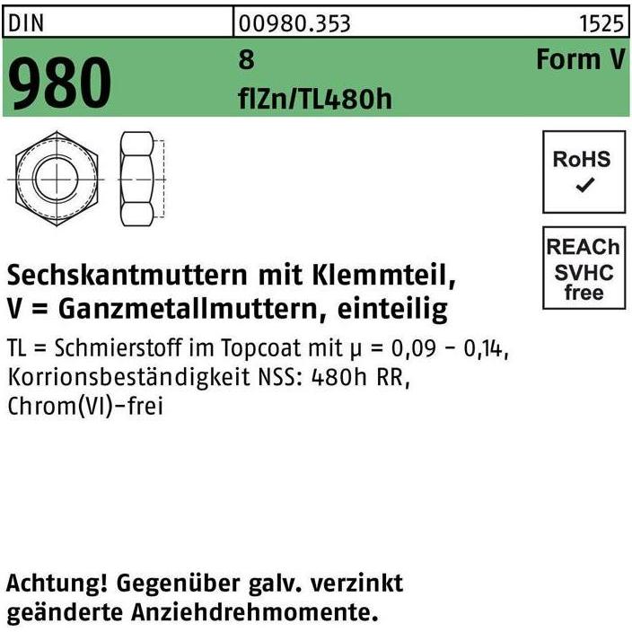 Muttern + Unterlegscheiben, Sechskantmutter DIN 980 m.Klemmteil VM 12 8 zinklamellenbes. Gleitm. flZnnc 480h-L (M12)