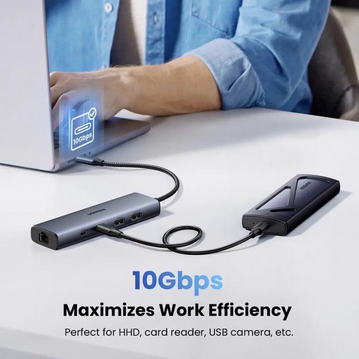 Produktbild Ugreen USB-C Hub CM512, 1 x USB-A 3.2 - 1 x USB-A - 3 x USB-C - 1 x RJ45, Grey (USB-C)