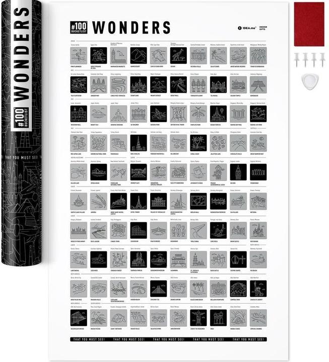 Actual product image 1dea.me Weltwunder 100 Bucketlist - Rubbelposter / Scratch Map (60 x 40 cm)