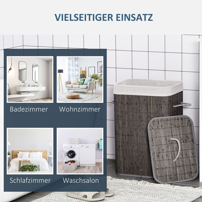 Produktbild Swisshandel24 Bambus Wäschekorb schmal mit Deckel 83L Wäschesammler mit Griffen Grau (83 l)