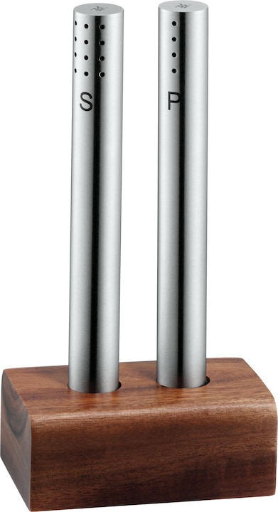Produktbild WMF Salzstreuer und Pfefferstreuer Set 3-teilig Cromargan Edelstahl mattiert mit Holz-Ständer (Salz, Pfeffer)