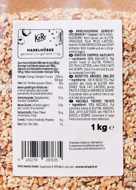 Nutritional values and ingredients KoRo Hazelnut kernels roasted and chopped (1000 g)