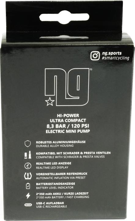 Productafbeelding NG Sports Cawacawa elektrische Minipumpe, Aluminium, 2x350mAh, 8,3 Bar, 120 PSI, black