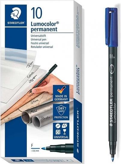 Actual product image Staedtler Lumocolor permanent universal pen, blue, smudge-proof and waterproof, dries in seconds (10x)
