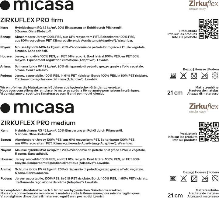 Nährwerte und Zutaten micasa Zirkuflex Pro (120 x 200 cm, Schaumstoffkern)