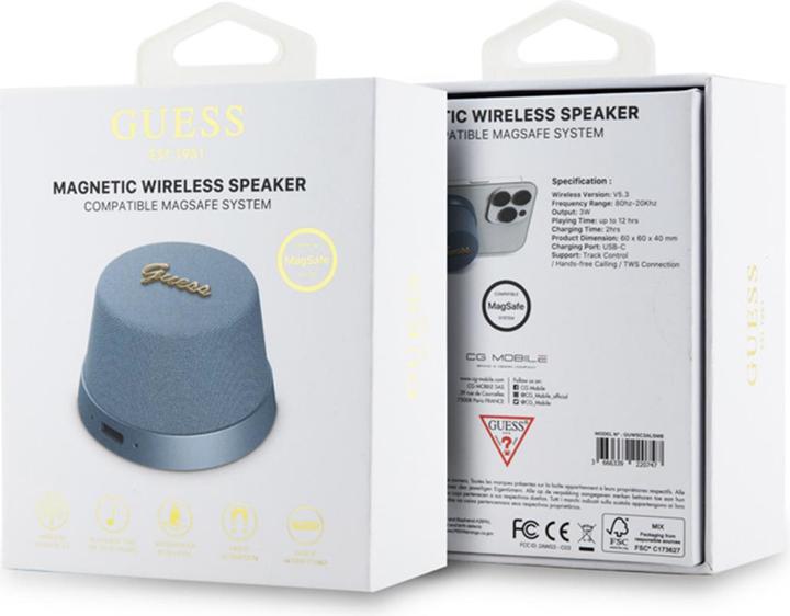 Actual product image Guess głośnik Bluetooth GUWSC3ALSMB Speaker Stand niebieski/blue Magnetic Script Metal (12 h, Electrical connection)