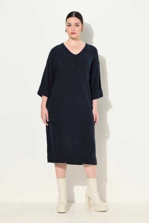 Produktbild Ulla Popken Strickkleid, Rippeinsätze, V-Ausschnitt, Halbarm (54)