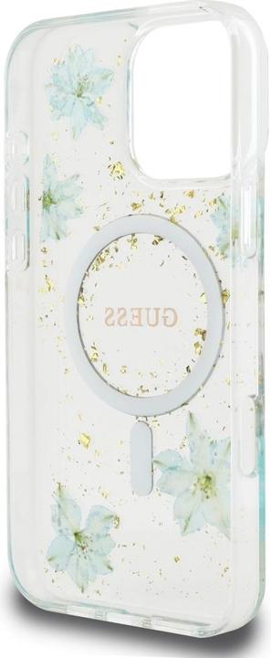 Actual product image Guess Case Resin Flowers Glitter MagSafe for iPhone 16 Pro turquoise (Apple iPhone 16 Pro)