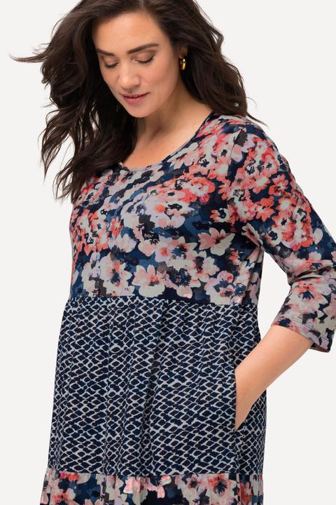Image du produit Ulla Popken Robe trapèze longueur midi à col rond et manches 3/4, motif rayé (50, 52)