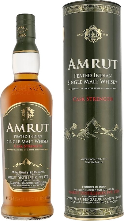 Actual product image Amrut PEATED Indian Single Malt Whisky CASK STRENGTH 62,8% Vol. 0,7l in Tinbox (Single Malt)
