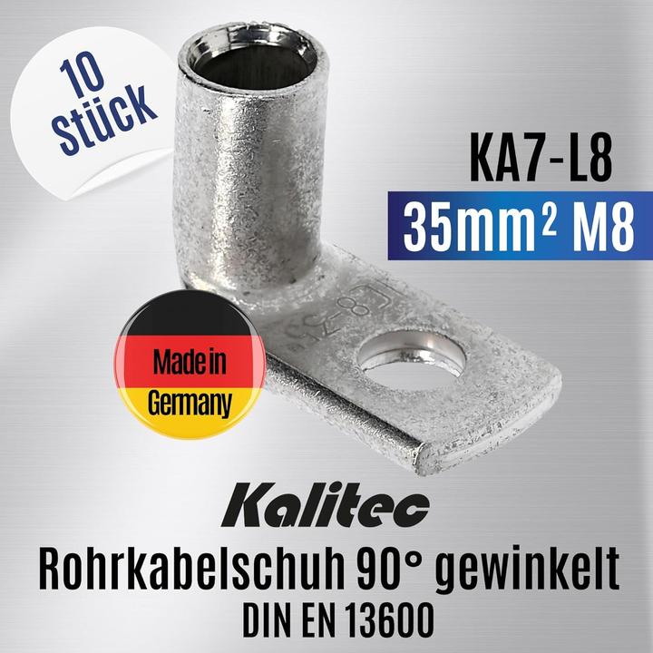 Produktbild Kalitec 10 Stück KA7-L8 Handelsübliche Rohrkabelschuhe gewinkelt 35mm² M8 I ohne Sichtloch I 90° I M