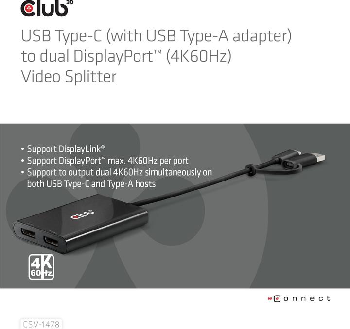Produktbild Club 3D Club3D Adapter USB-C > 2x DP 4K@60Hz mit USB-A Adapter St/Bu retail (USB-A, 27.50 cm)