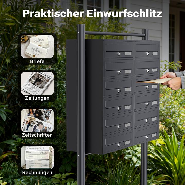 Produktbild Wiltec 12er Briefkastenanlage Anthrazit 2x6 Fächer Standbriefkasten Briefkasten