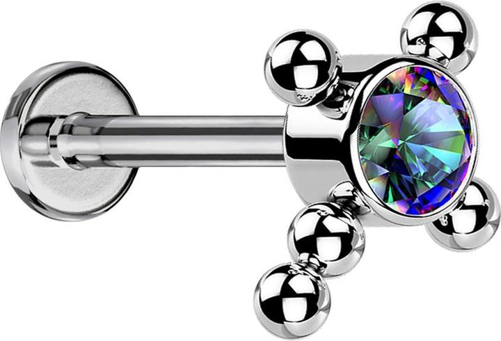 Actual product image Star Piercing Micro Labret internal thread silver cross balls crystal dark multicolour (Titanium, without brass)